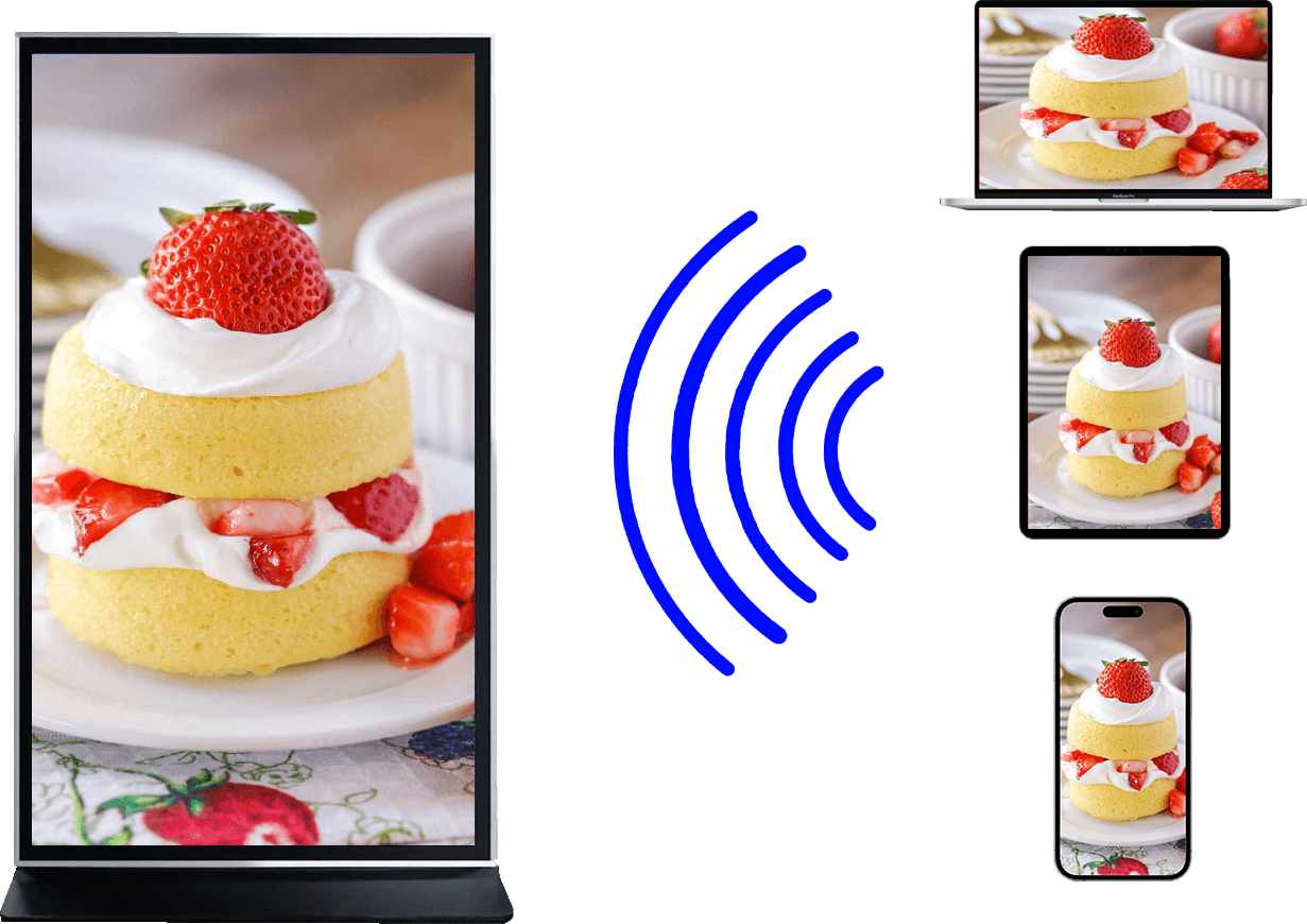 Laptop, Tablet, Phone wirelessly beaming content to Digital Kiosk